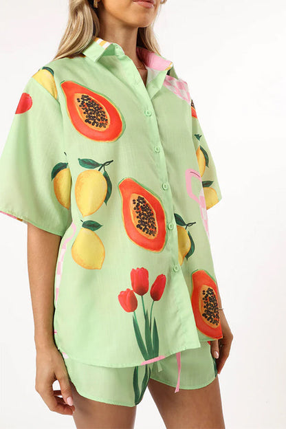 Resort Print Short Sleeves Blouse Shirt Elastic Waist Shorts Set