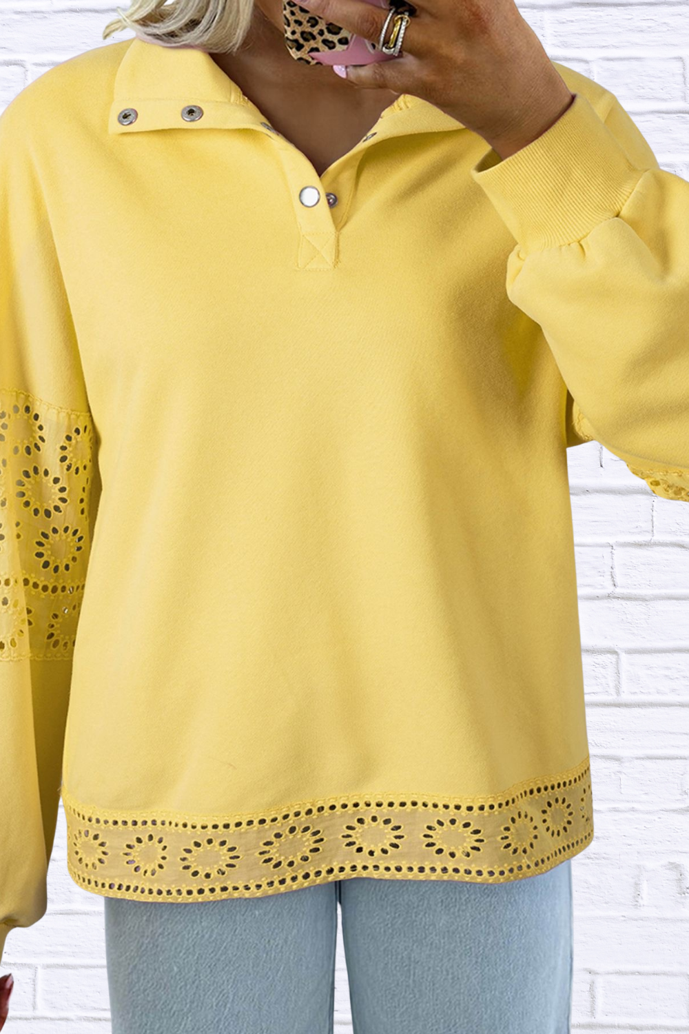 Eyelet Lace Detail Snap Down Sweatshirt Yellow