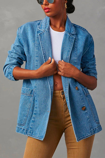 Notch Lapel Button Front Pocketed Denim Blazer Blue
