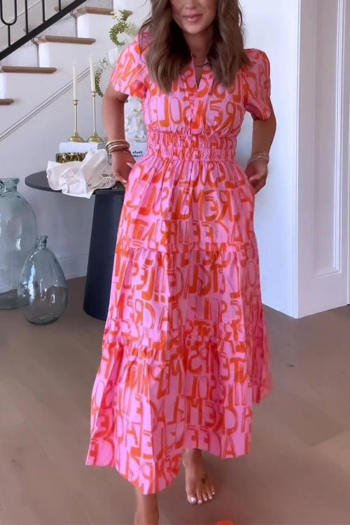 V Neck Smocked Waist Abstract Print Maxi Swing Dress Pink