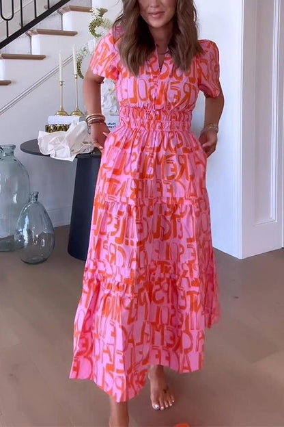 V Neck Smocked Waist Abstract Print Maxi Swing Dress Pink