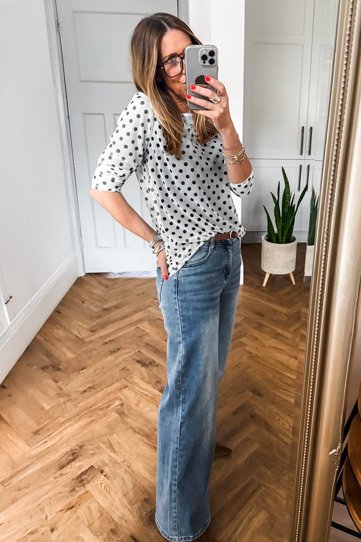 Black Polka Dot Sheer Mesh Long Sleeve Round Neck Shift Blouse