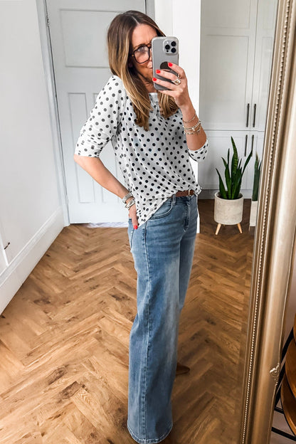 Black Polka Dot Sheer Mesh Long Sleeve Round Neck Shift Blouse