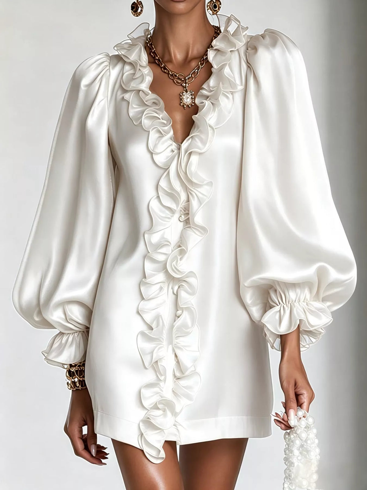 Ruffle Trim Puff Sleeve Mini Dress