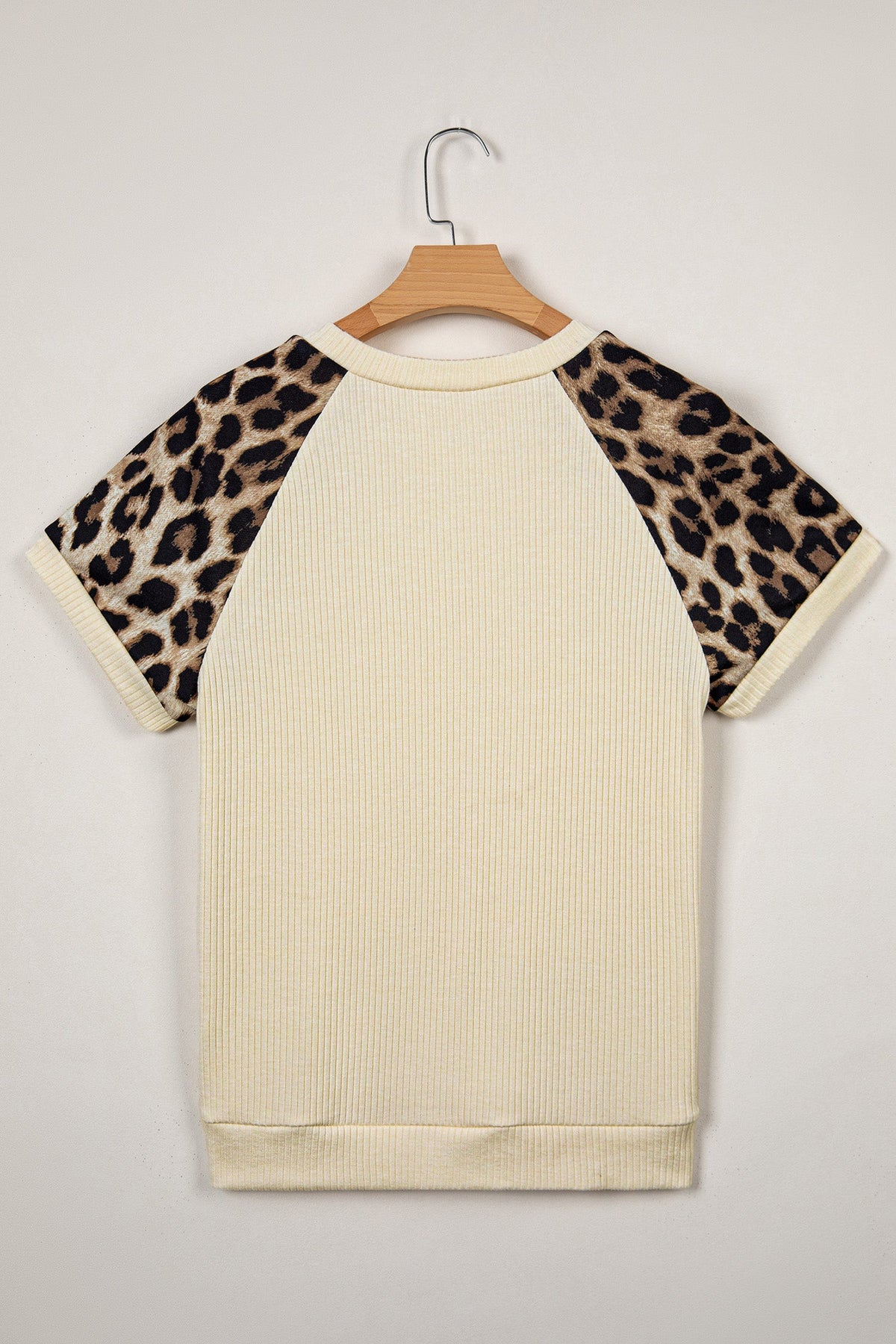 Apricot Ribbed Color Block Leopard Contrast Sleeve Loose Tee