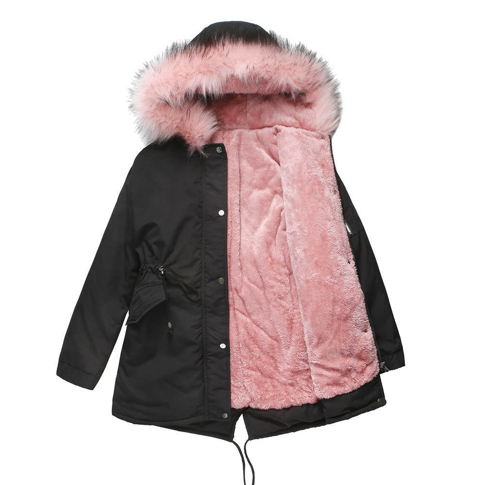 Big Fur Collar Cotton-Padded Coat Mid-Length Black Pink