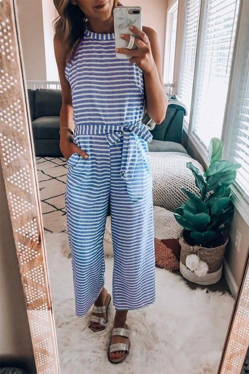 Clidress Striped Wide Leg Knot Jumpsuit