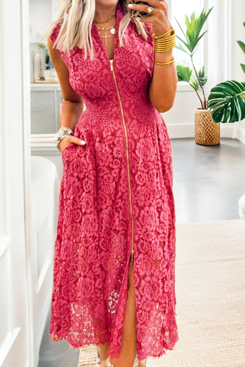Coral Floral Lace Overlay Zip Up V Neck Smocked Waist Sleeveless Dress