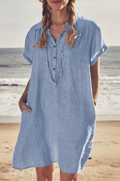 Lapel Buttons Cotton Linen Shirt Dress Blue
