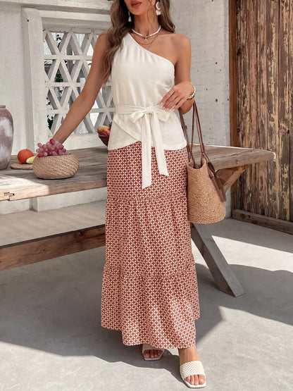 One-Shoulder Top and Geometric Print Maxi Skirt Set