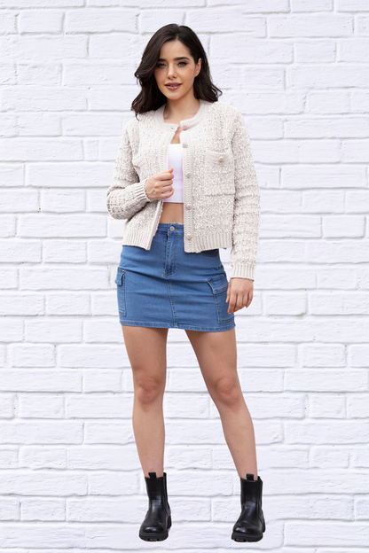 Button Up Round Neck Cardigan White