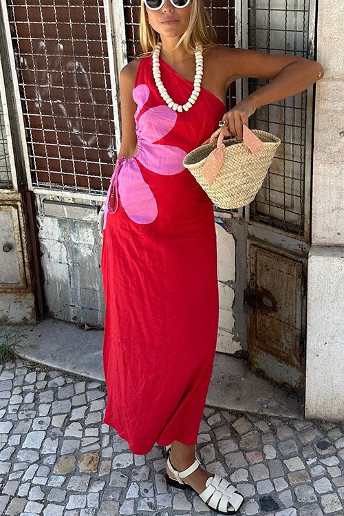 One Shoulder Drawstring Cut Out Floral Print Maxi Dress