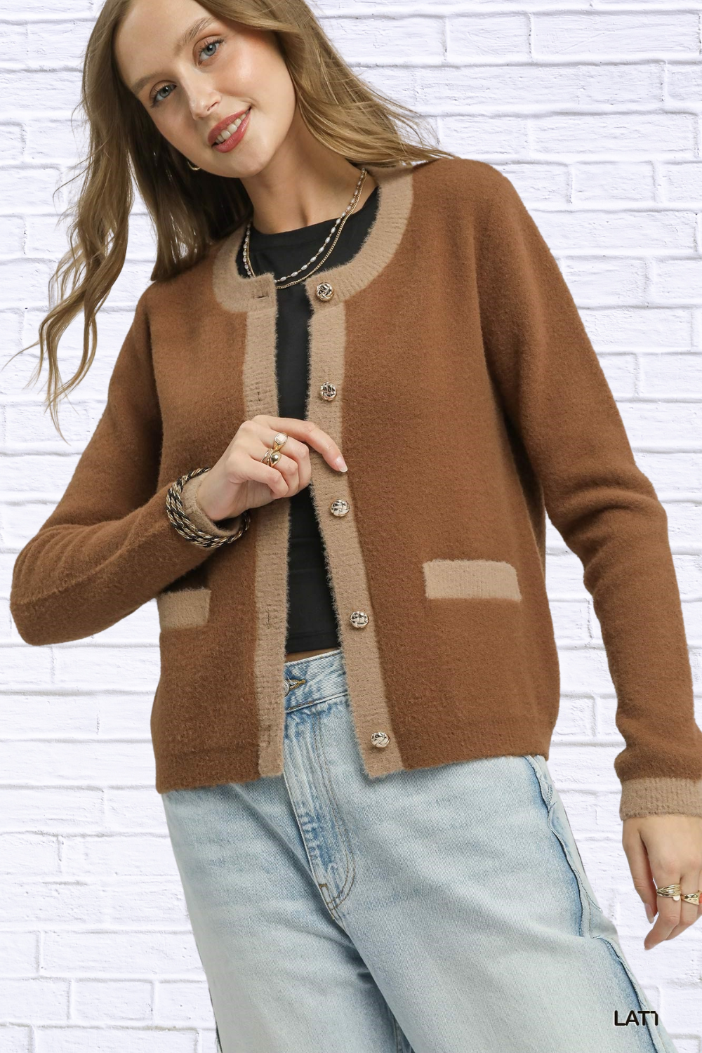 Umgee Two-Tone Button Front Cardigan LATTE
