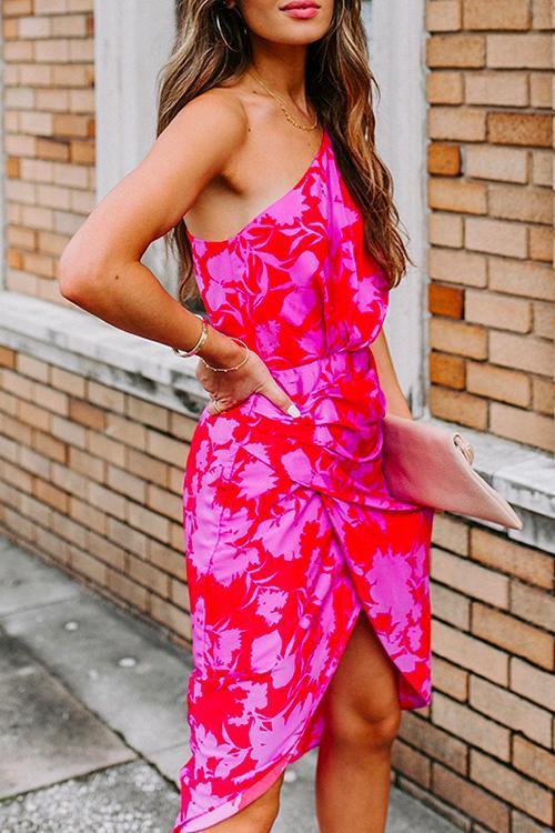 One Shoulder Waisted Ruched Floral Dress