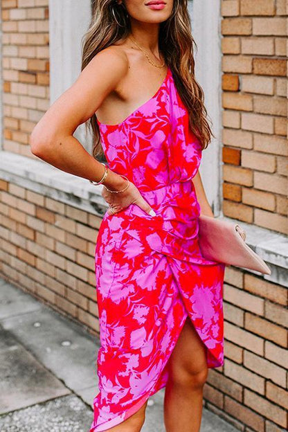 One Shoulder Waisted Ruched Floral Dress