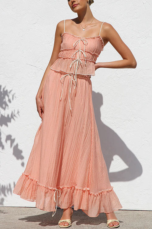 Frill Trim Bow Crop Cami Top and Ruffle Maxi Skirt Set