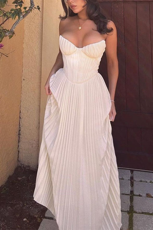Strapless Waisted Corset Pleated Maxi Party Dress