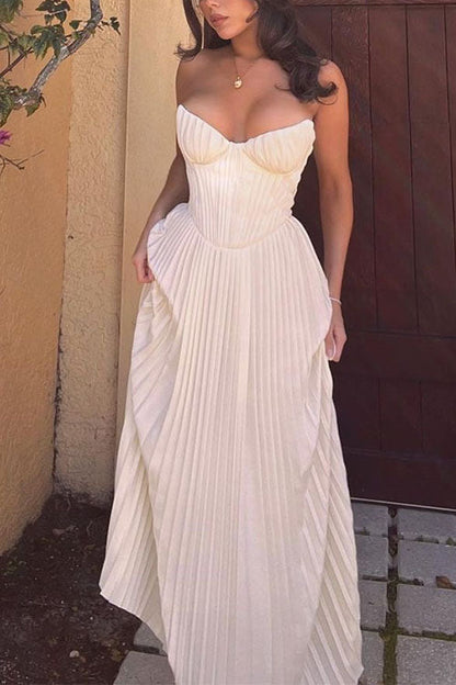 Strapless Waisted Corset Pleated Maxi Party Dress