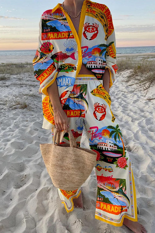 Tropic Print Button Down Blouse Shirt Elastic Waist Wide Leg Pants Vacation Set Yellow