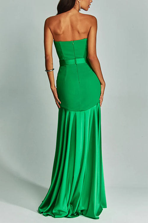 Mesh V Neck Strapless Splice Flare Maxi Party Dress