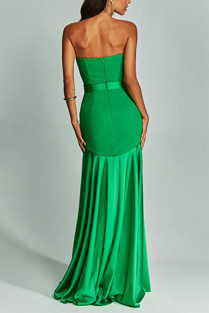 Mesh V Neck Strapless Splice Flare Maxi Party Dress