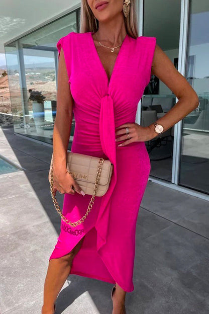 V Neck Drape Front Ruched Sleeveless Bodycon Dress HotPink