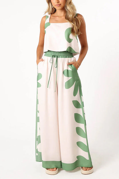 Printed Square Collar Crop Tank Top Drawstring Waist Wide Leg Pants Set Green