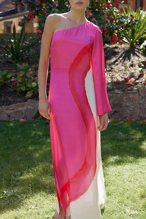 One Shoulder Long Sleeve Side Slit Tie Dye Maxi Dress