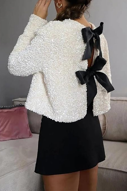 Long Sleeves Bow Knot Glitter Sequin Top