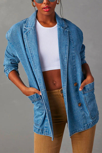 Notch Lapel Button Front Pocketed Denim Blazer