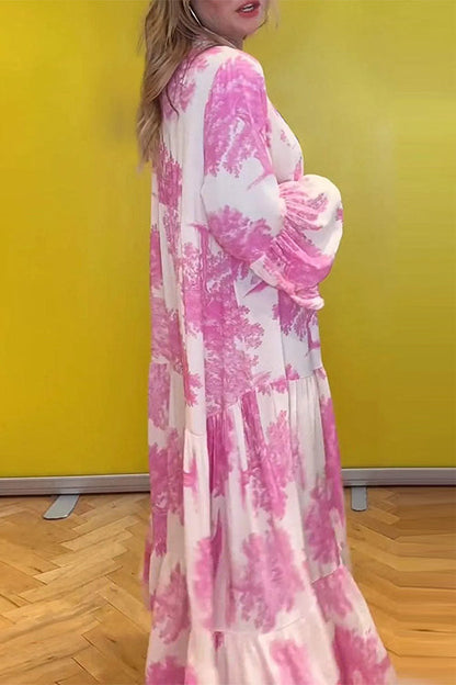 V Neck Bell Sleeves Ruffle Tiered Printed Maxi Dress