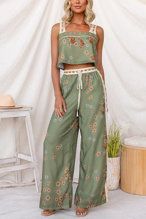 Drawstring Elastic Waist Floral Print Wide Leg Pants