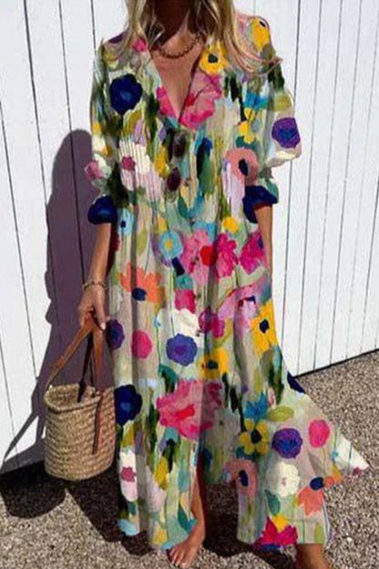 Ruched Button Down Balloon Sleeves Printed Maxi Dress Green
