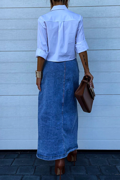 High Rise Button Down Slit Denim Skirt