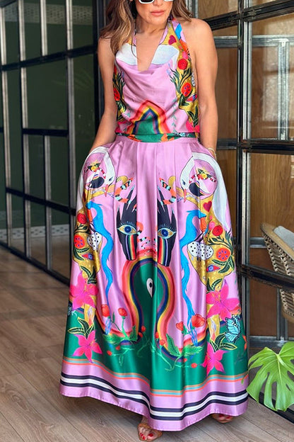 Unique Print Cowl Neck Tie Knot Backless Top and Pocketed Maxi Skirt Set Pink