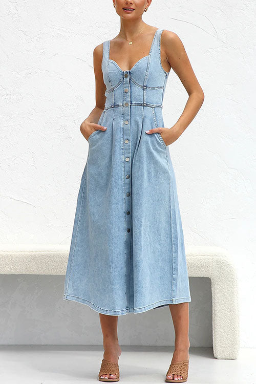 Distressed Button Down Pocketed Denim A-line Midi Cami Dress LightBlue