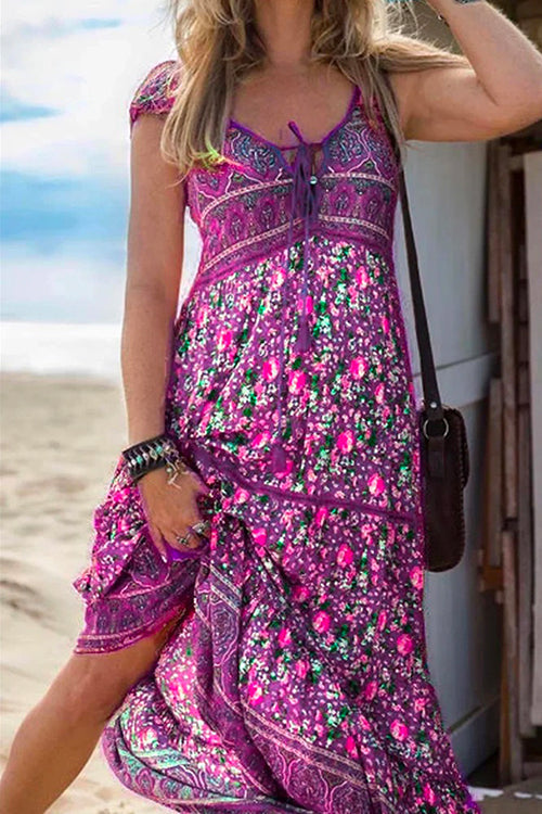Tassel V Neck Bohemia Printed Maxi Beach Dress Purple