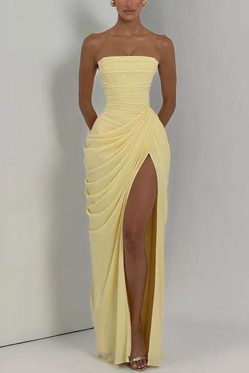 Strapless Tube Ruched Slit Maxi Dress