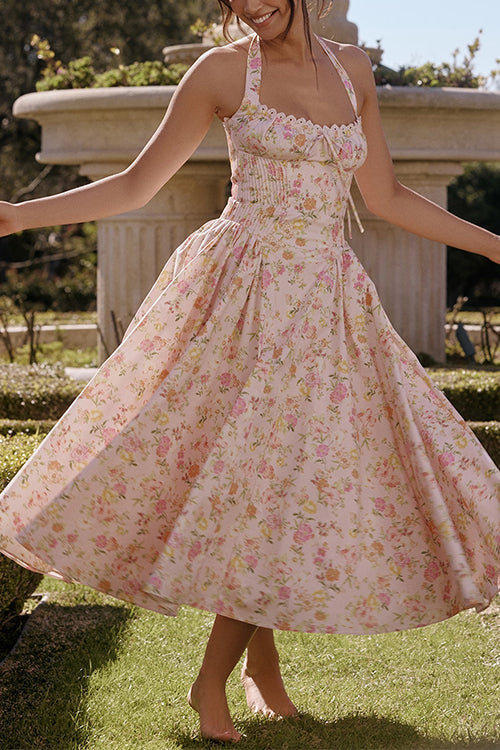 Halter Tie Front Waisted Floral Print Midi Dress