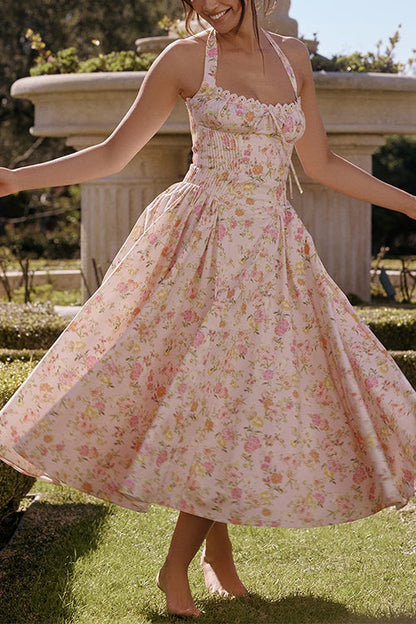 Halter Tie Front Waisted Floral Print Midi Dress
