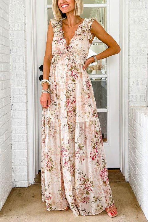 Wonderful Wishes V Neck Bow Back Floral Print Maxi Dress Floral