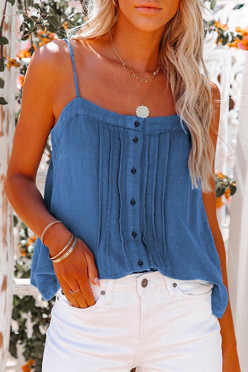 Buttons Square Collar Ruched Cami Top Blue