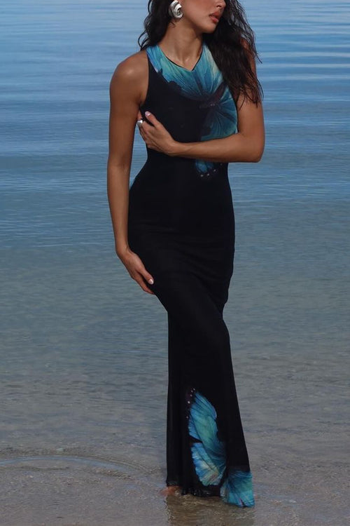 Back Lace-up Sleeveless Butterfly Print Maxi Dress