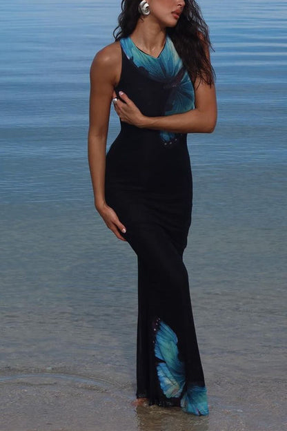 Back Lace-up Sleeveless Butterfly Print Maxi Dress