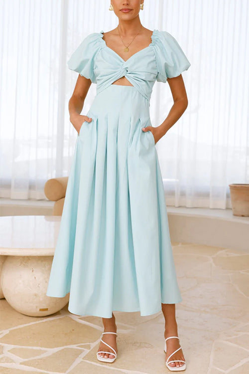 V Neck Twist Front Puff Sleeves Cut Out Maxi Dress