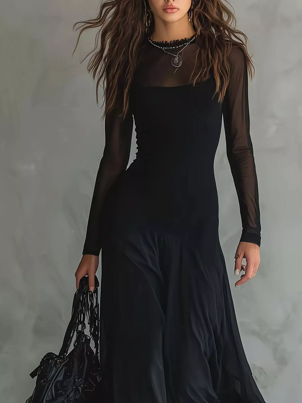 Elegant Gothic Sheer Mesh Long Sleeve Maxi Dress