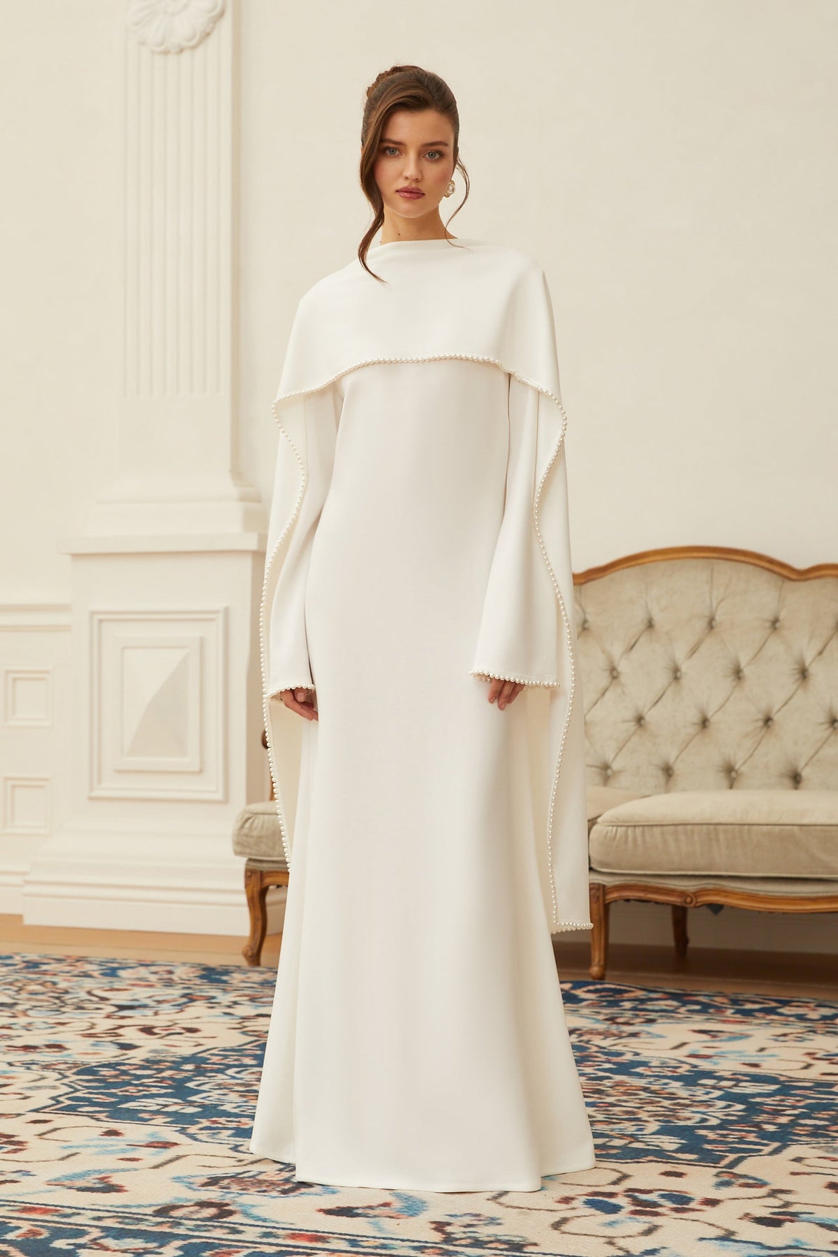 Piroska White Pearl Trim Shawl Detail Maxi Dress
