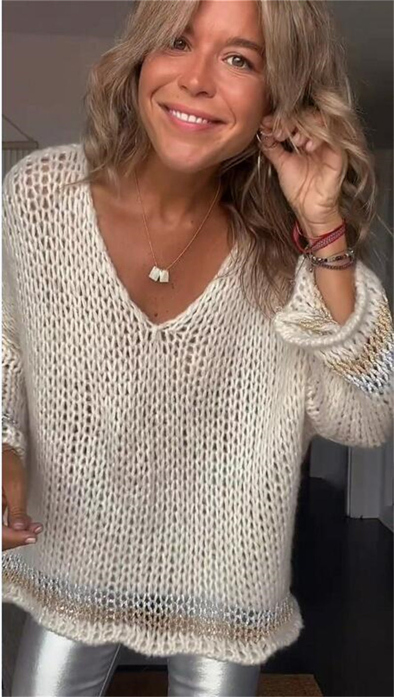 Clidress V Neck Cozy Hollow Out Sweater