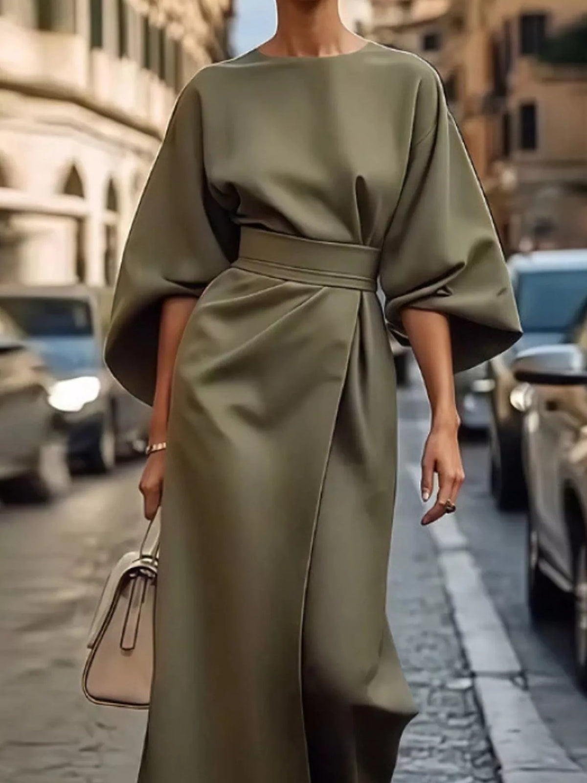 Full Sleeve Kimono Sleeves Round Neck Midi Dress Plus Size