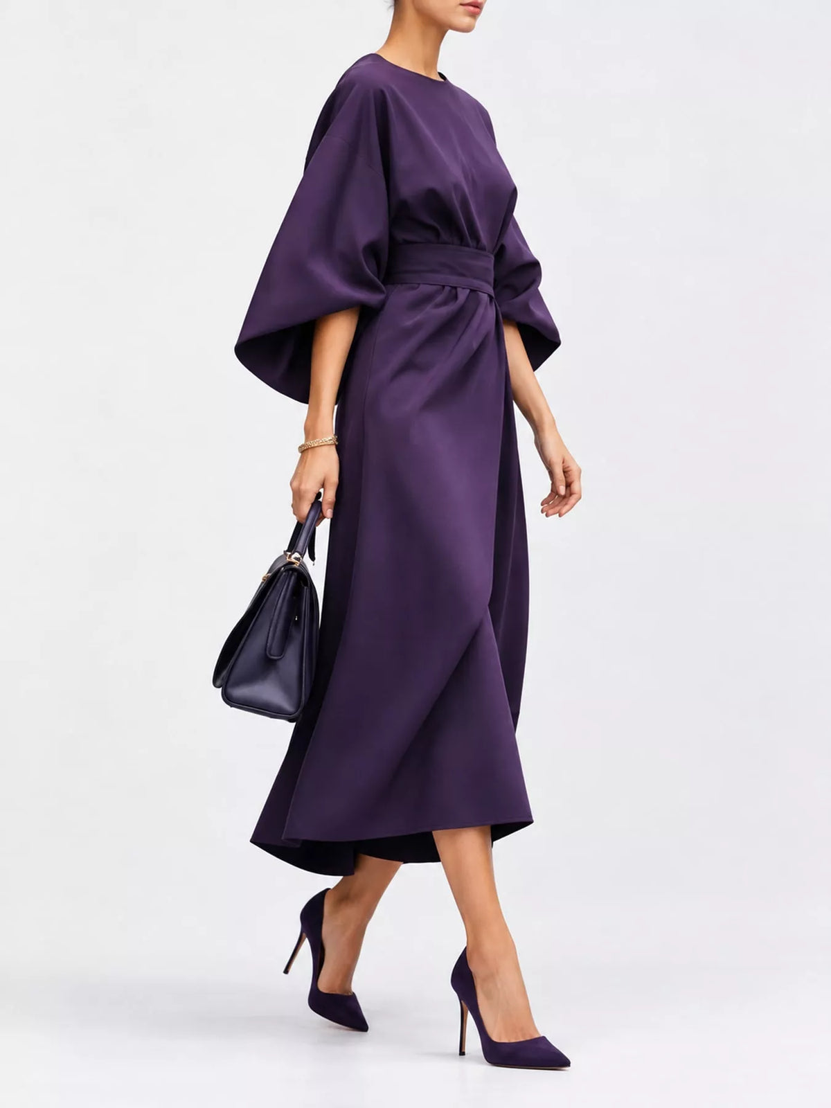 Full Sleeve Kimono Sleeves Round Neck Midi Dress Plus Size